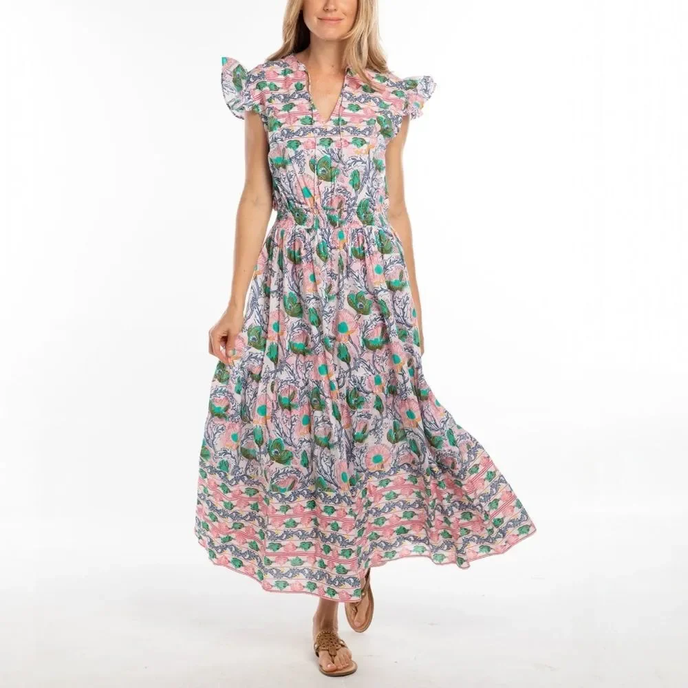 NWT Bindu Anika Dress Pink Multi Floral Ruffle Sleeve Maxi Boho Resort Sz Small - Picture 4 of 13